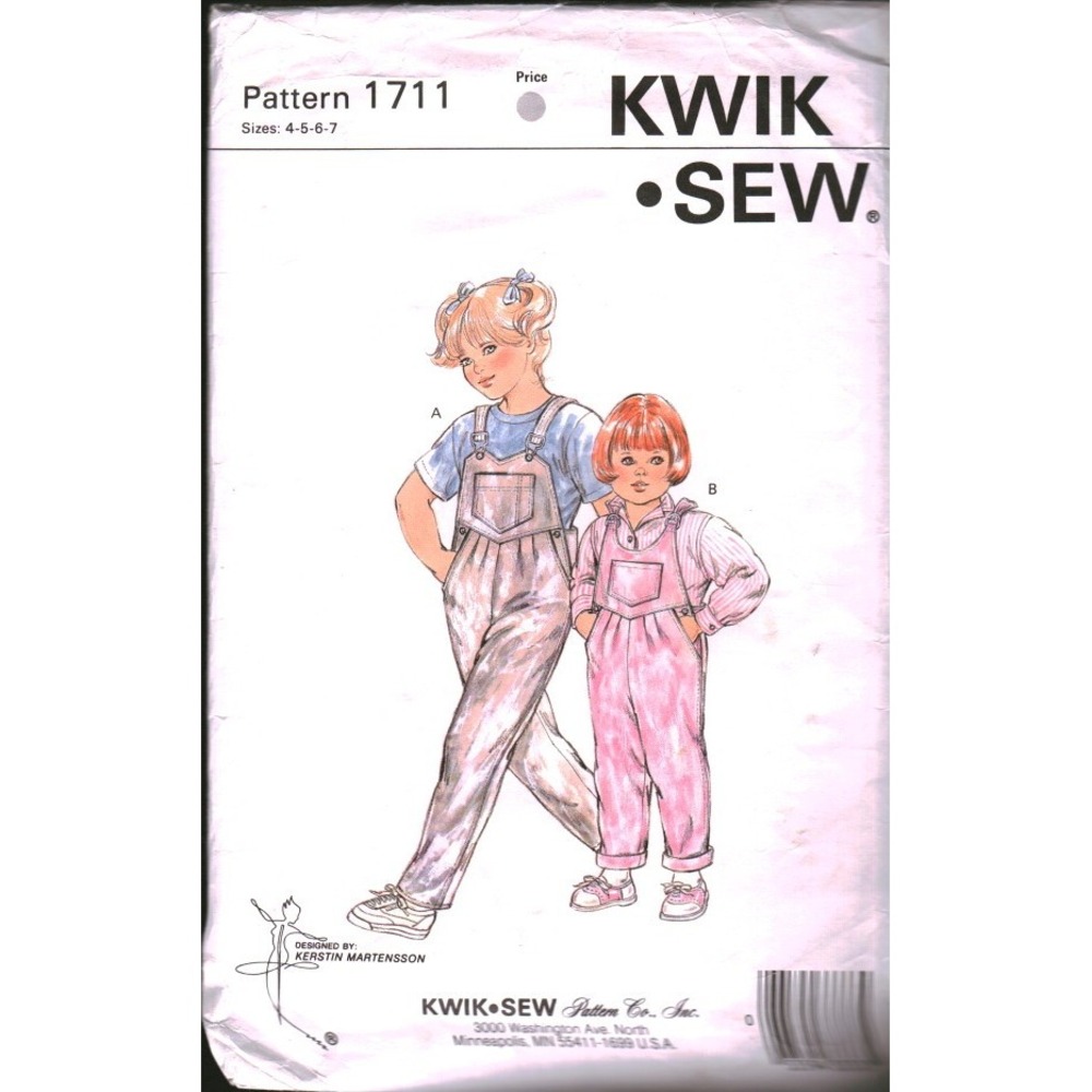 Kwik Sew 1711 Girls Bib Overalls Sewing Pattern Sizes 4-5-6-7 Vintage 1987